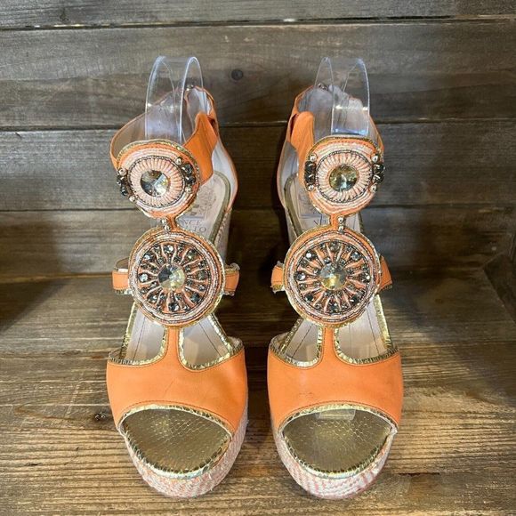 Womens Vince Camuto Torta Coral Leather Espadrille Wedge Heeled Sandals Size 7.5 - Picture 2 of 7